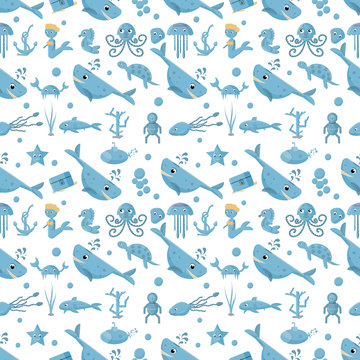 seamless pattern flat illustration on the theme of marine life, underwater life, white background