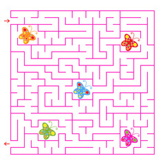 A square labyrinth. Collect all the butterflies and find a way out of the maze. Simple flat isolated vector illustration.