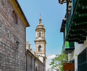 Fototapeta na wymiar Clock tower of the cathedral in Bogota Colombia