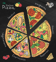 Beautiful illustration of Italian Pizza. Six slices of Margarita, Hawaii, Pepperoni, Vegetarian and Seafood pizza. Chalk and Chalkboard