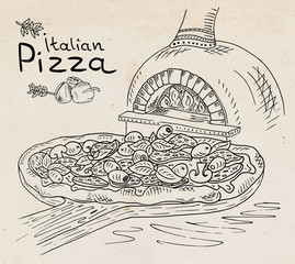 Beautiful illustration of Italian Pizza on the Cutting Board in the oven  - 202424585