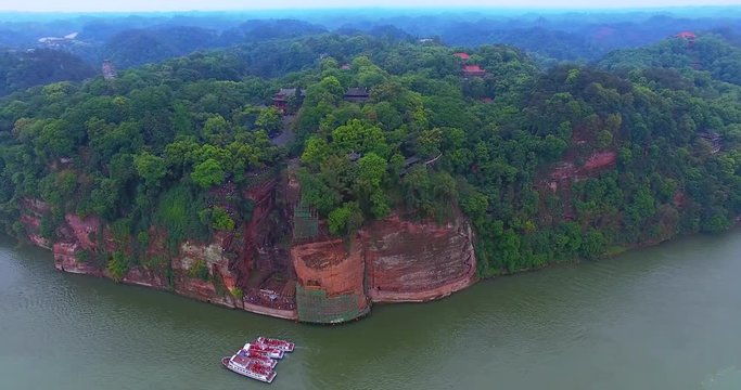 Giant Buddha, LeShan China, aerial drone view, 4k