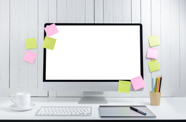 workplace background for designers with Blank white screen modern desktop computer.