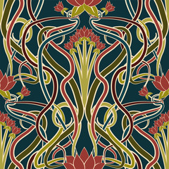 Floral seamless wallpaper in art nouveau style, vector illustration