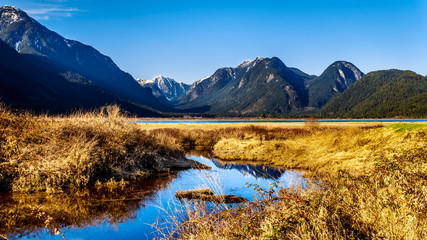 Snow covered peaks of the Coast Mountains surrounding the Pitt River and Pitt Lake in the Fraser Valley of British Columbia, Canada on a clear winter day