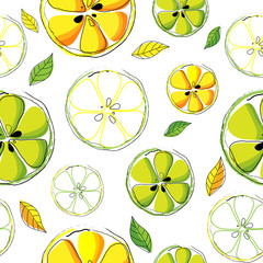 Vector and illustration seamless pattern of Citrus fruit, lemon, lime slices and seed in yellow and green color for Summer drink or kitchen concept