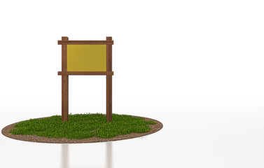 Insegna rustica con pali in legno in mezzo all'erba su sfondo bianco, illustrazione 3d