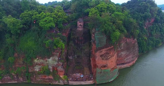 Giant Buddha, LeShan China, aerial drone view, 4k