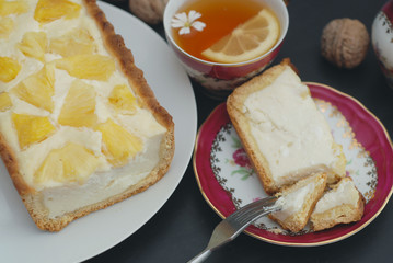 Pineapple Homemade Cheesecake Slice Piece Tea Cup Flowers Dark Background Sweet Desert
