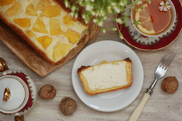 Pineapple Homemade Cheesecake Slice Piece Tea Cup Flowers Dark Background Sweet Desert