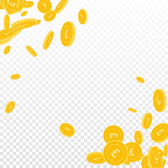 British pound coins falling. Scattered floating GBP coins on transparent background. Magnificent scatter abstract corners vector illustration. Jackpot or success concept.