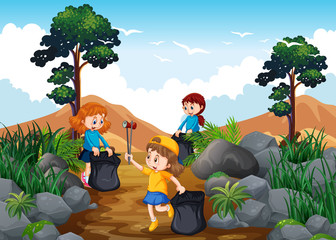 Fototapeta na wymiar Children Cleaning a Trekking Trail