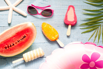 Summer abstract banner travel vacation background with ice cream and watermelon
