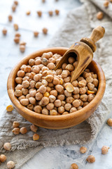 Organic chickpeas in bowl on white table.