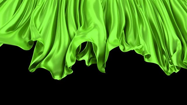 3D animated transition of the green window curtain moving with the wind, alpha matte is included