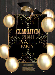 Graduation party elegant banner with  golden design elements and air balloons. Vector illustration