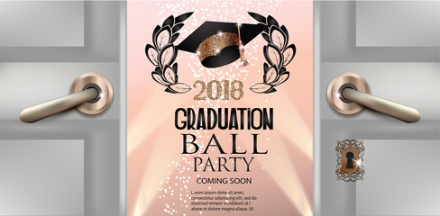 Graduation ball invitation card with opened doors. Vector illustration