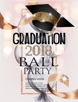 Graduation ball invitation card with gold graduation cap, frame and ribbon, air balloon covered with transparent cloth. Vector illustration