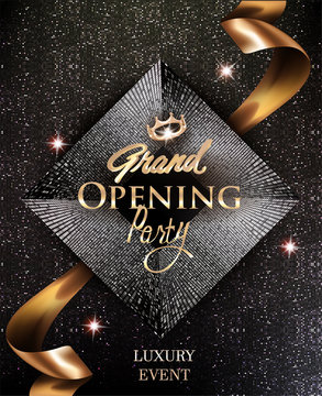 Grand opening elegant invitation cards with gold ribbon and circle pattern background. Vector illustration