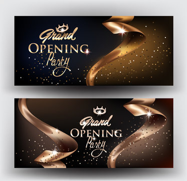 Grand Opening elegant invitation cards with gold ribbons and gold dust. Vector illustration