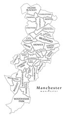 Modern City Map - Manchester city of England with wards and titles UK outline map