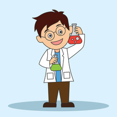 scientist man doing research and analysis in a laboratory. cartoon character. vector illustration

