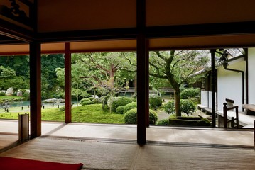 View over peaceful japanese garden in Kyoto