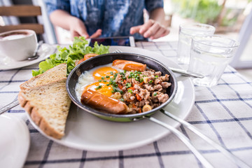 Panned egg on a white dish