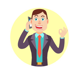 Businessman talking on mobile phone and showing a okay hand sign
