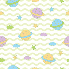 Sweet cute planet, star, cloud in wave background. A playful, modern, and flexible pattern for brand who has cute and fun style. Repeated pattern. Happy, bright, and magical mood.