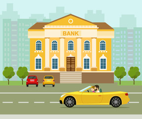 Facade of a bank building with columns. Flat vector illustration