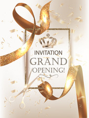 Grand Opening party banner with elegand beautiful ribbons and confetti. Vector illustration
