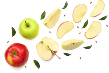 green and red apples with slices isolated on white background. top view