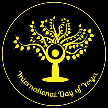 International Day of Yoga. The figure of a man in a yoga asana is sitting against the background of the Bodhi tree