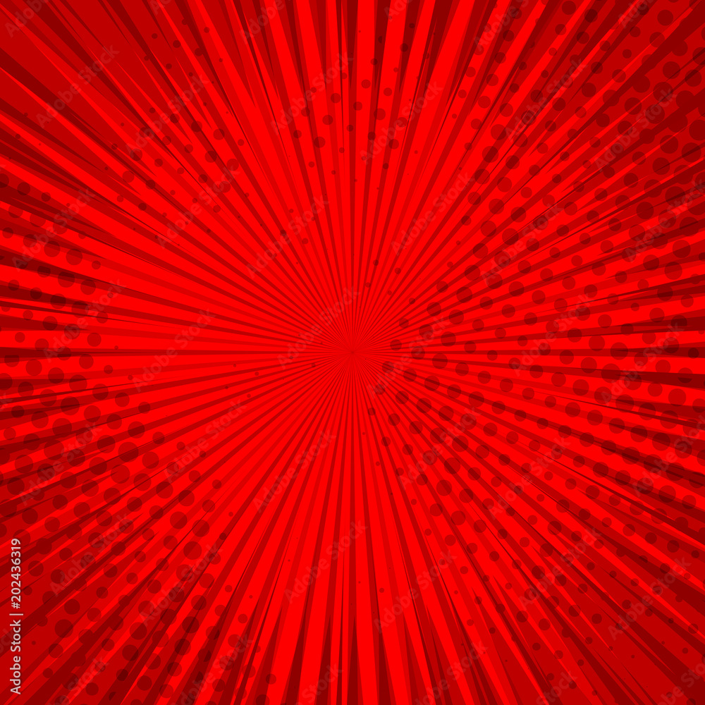 Poster abstract comic red background for style pop art design. retro burst template backdrop. light rays ef