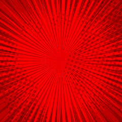 Fototapeta premium Abstract comic red background for style pop art design. Retro burst template backdrop. Light rays effect. Vintage comic book style, halftone modern print texture, vector.