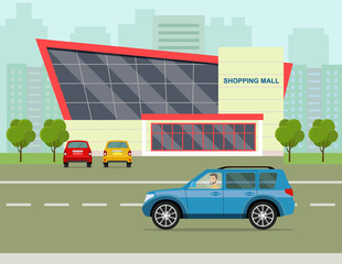 Shopping mall building. City life set with cars, road and buildings. Vector flat style illustration