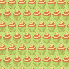 Orange yellow cupcake in green background. A playful, modern, and flexible pattern for brand who has cute and fun style. Repeated pattern. Happy, bright, and magical mood.