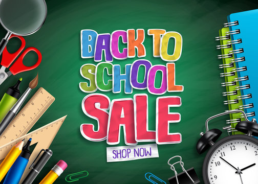 Back to school sale vector banner design with sale text, school elements and education items in green background for discount promotion. Vector illustration.
