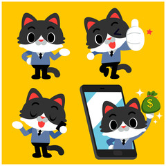 Vector set of cute cat character in business suit doing different action poses.