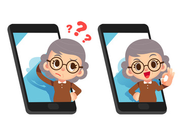 Vector illustration of elderly character with smart phone