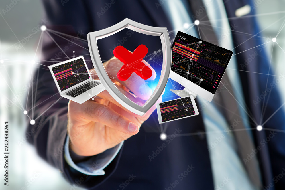 Poster hacked shield symbol surrounded by devices and network displayed on a futuristic interface
