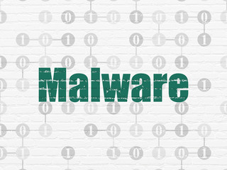 Safety concept: Painted green text Malware on White Brick wall background with Scheme Of Binary Code