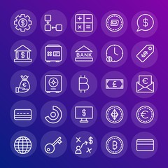 Modern Simple Set of business, money, charts Vector outline Icons. Contains such Icons as business,  wealth,  world,  euro,  action, key and more on gradient background. Fully Editable. Pixel Perfect.