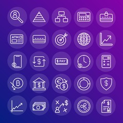 Modern Simple Set of business, money, charts Vector outline Icons. Contains such Icons as  wealth, internet,  paying,  career,  chart,  and more on gradient background. Fully Editable. Pixel Perfect.