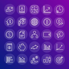 Modern Simple Set of business, money, charts Vector outline Icons. Contains such Icons as  annual,  vertical,  pay, report,  arrow,  usd and more on gradient background. Fully Editable. Pixel Perfect.
