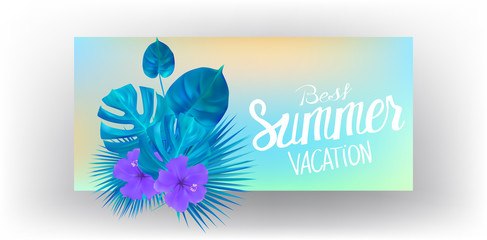 Summer banner with tropical leaves and flowers. Vector illustration