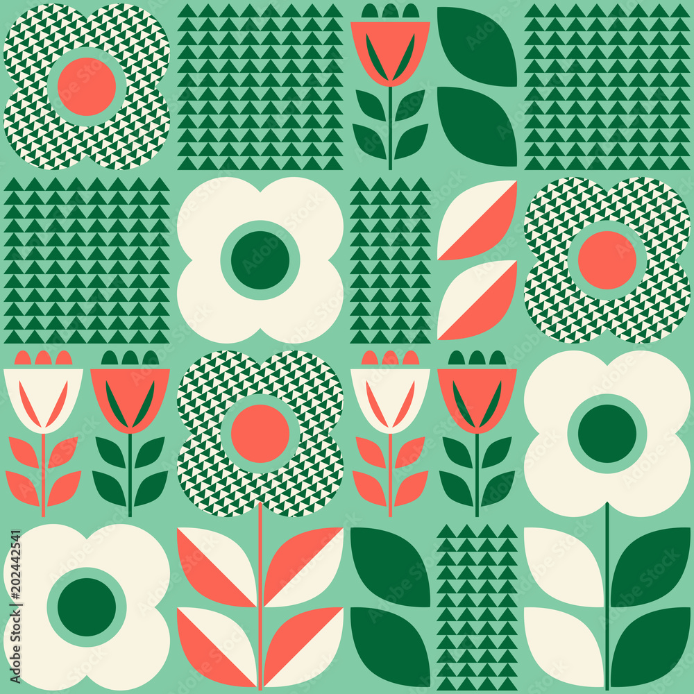 Aufkleber seamless pattern with floral elements in retro scandinavian style