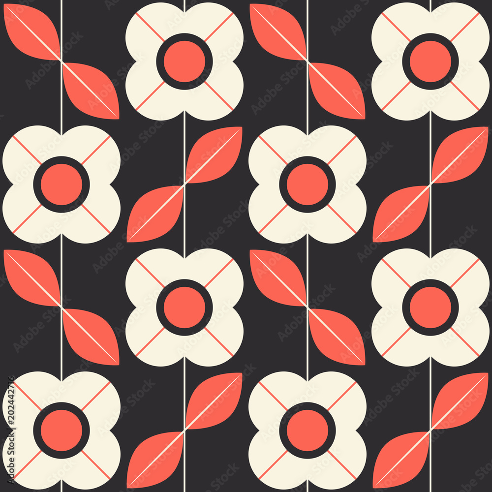 Poster seamless pattern with flowers and leaves in retro scandinavian style