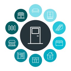 buildings, furniture Infographic Colorful outline Icons Set. Contains such Icons as  step,  door,  home, entrance,  cabinet,  property,  business,  clothing, up and more. Fully Editable. Pixel Perfect